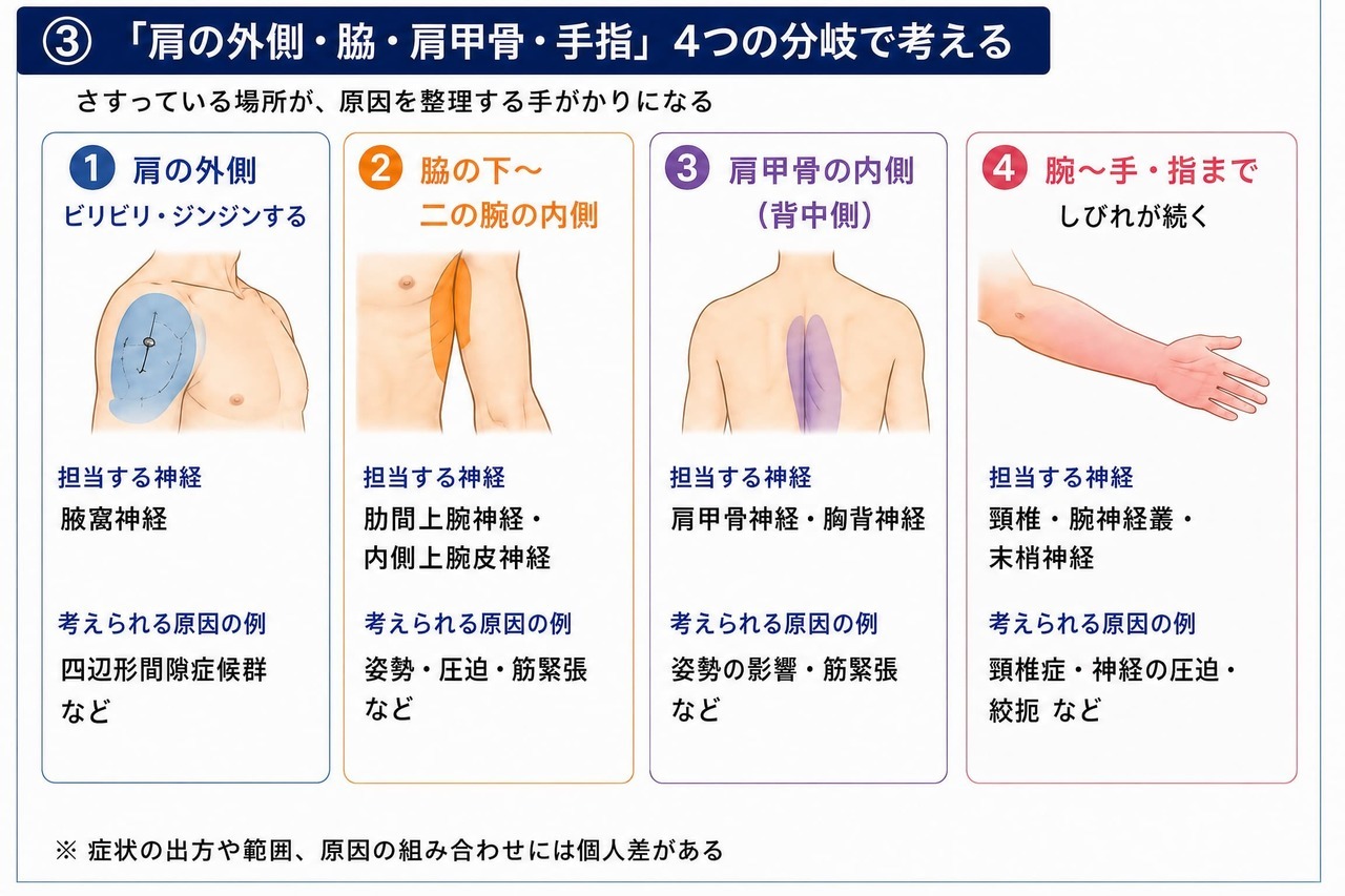 肩の痛みやしびれの症状一覧。ピリピリ・ジンジン・電気が走る・感覚が鈍いなど、肩から腕に現れる感覚の変化
